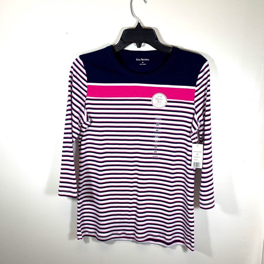 Kim Rodgers 3/4 Sleeve Tee Navy/Pink Medium NWT
